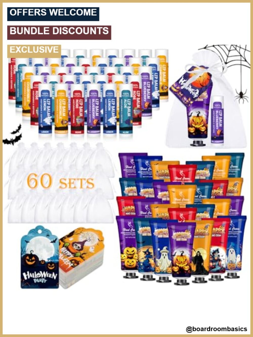 60 Pack Halloween Hand Cream & Lip Balm Gift Set Party Favors